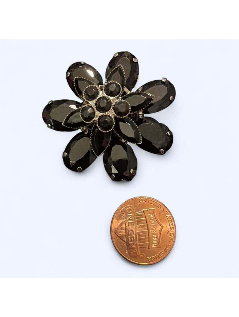 Vintage Black Faceted Stone Flower Brooch Pin